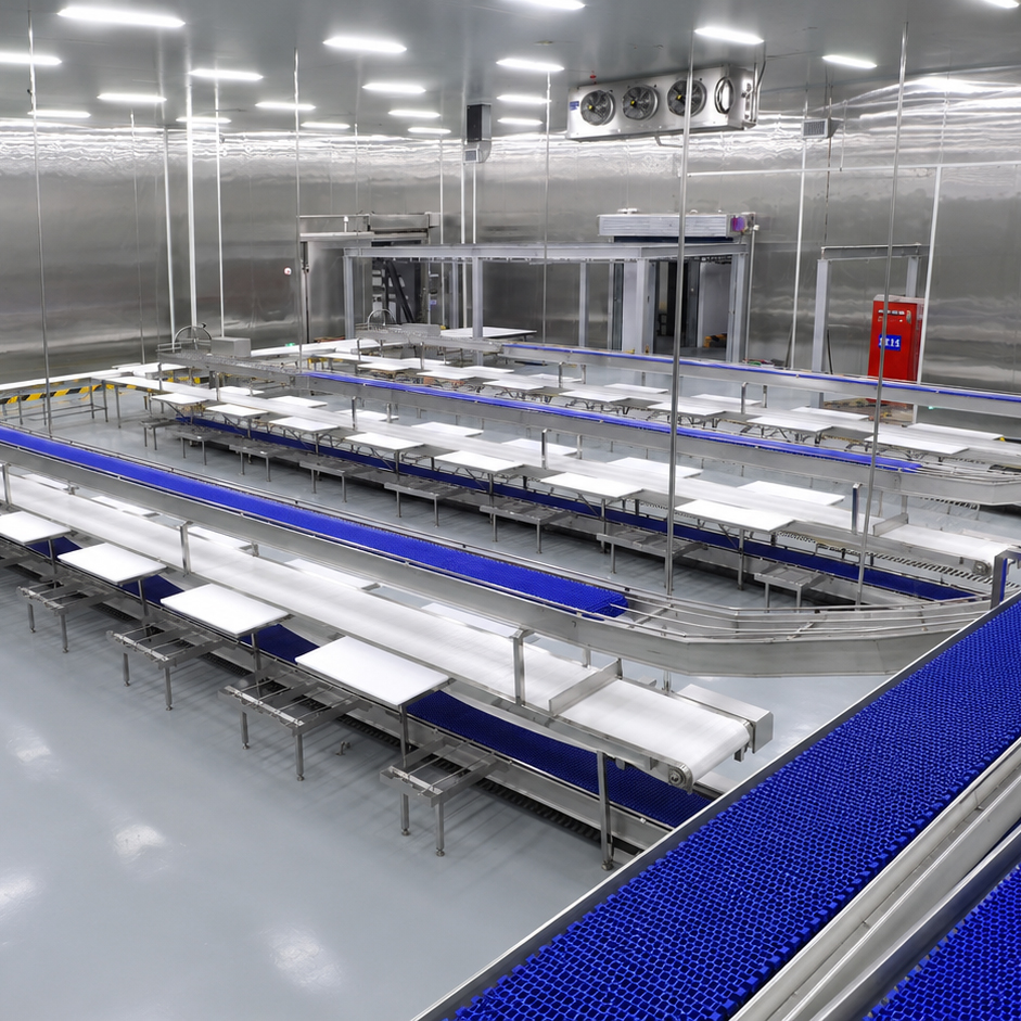 Sistema transportador higiénico para deshuesar y cortar carne