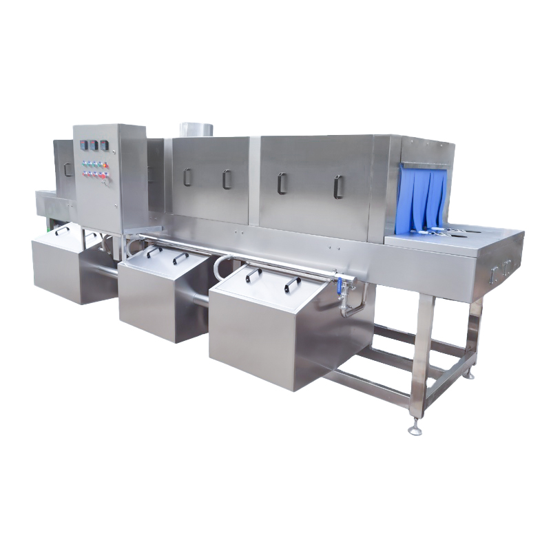 Lavadora automática de cajas tipo túnel con línea transportadora